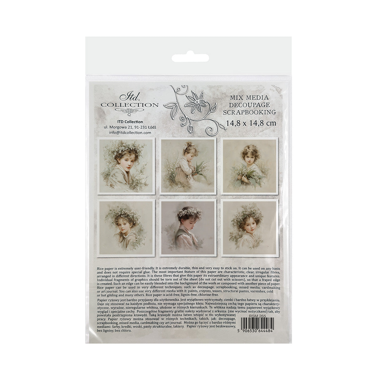 Packaging of decoupage rice paper with images of women on a white background