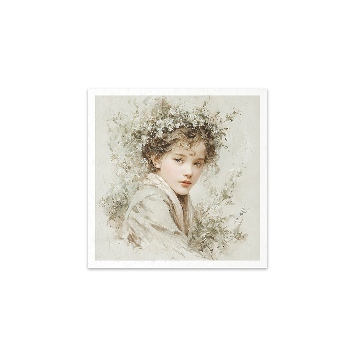 Art print of a woman with flowers in her hair on a white background