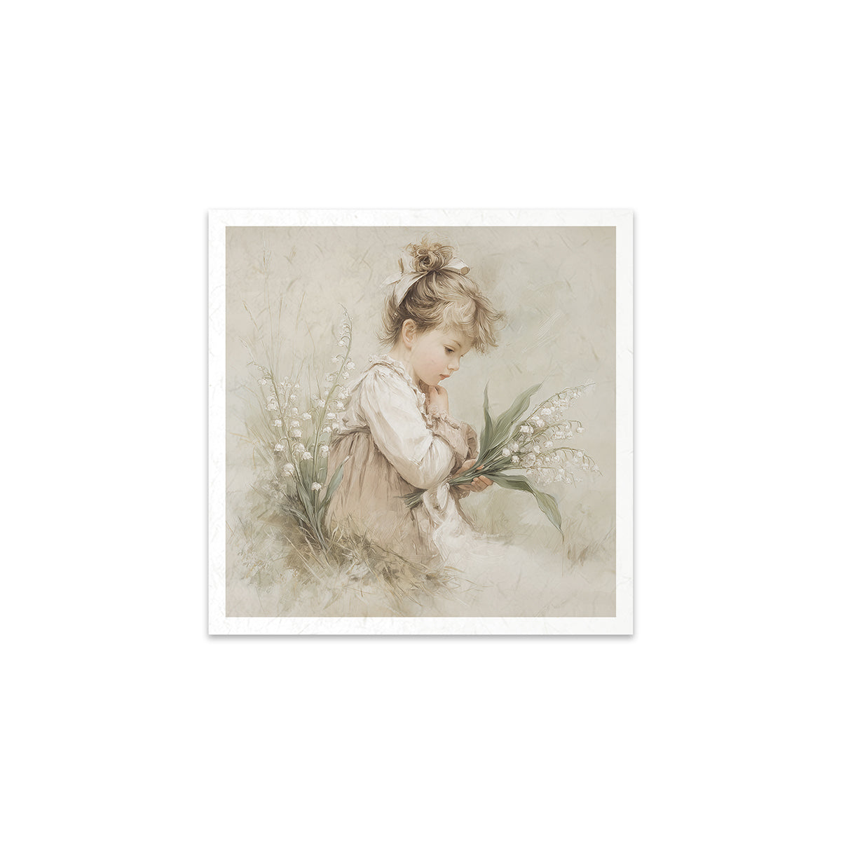 Art print of a young girl holding flowers on a white background