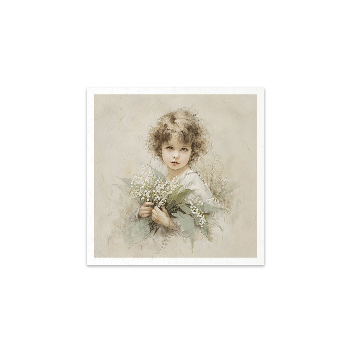 Vintage-style portrait of a young girl holding flowers on a beige background