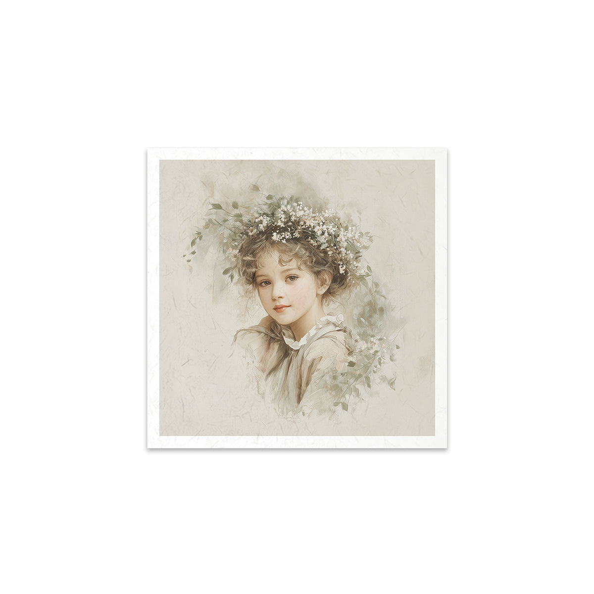 Art print of a young girl with flowers in her hair on a white background