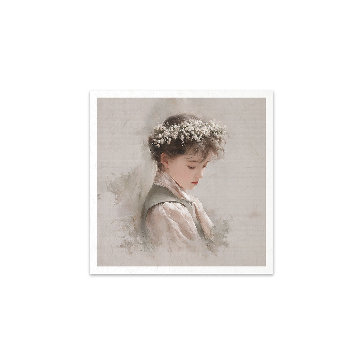 Art print of a woman with flowers in her hair on a textured beige background