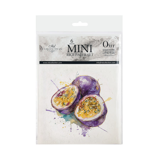Packaging of mini rice paper sets with passion fruit illustration on a white background