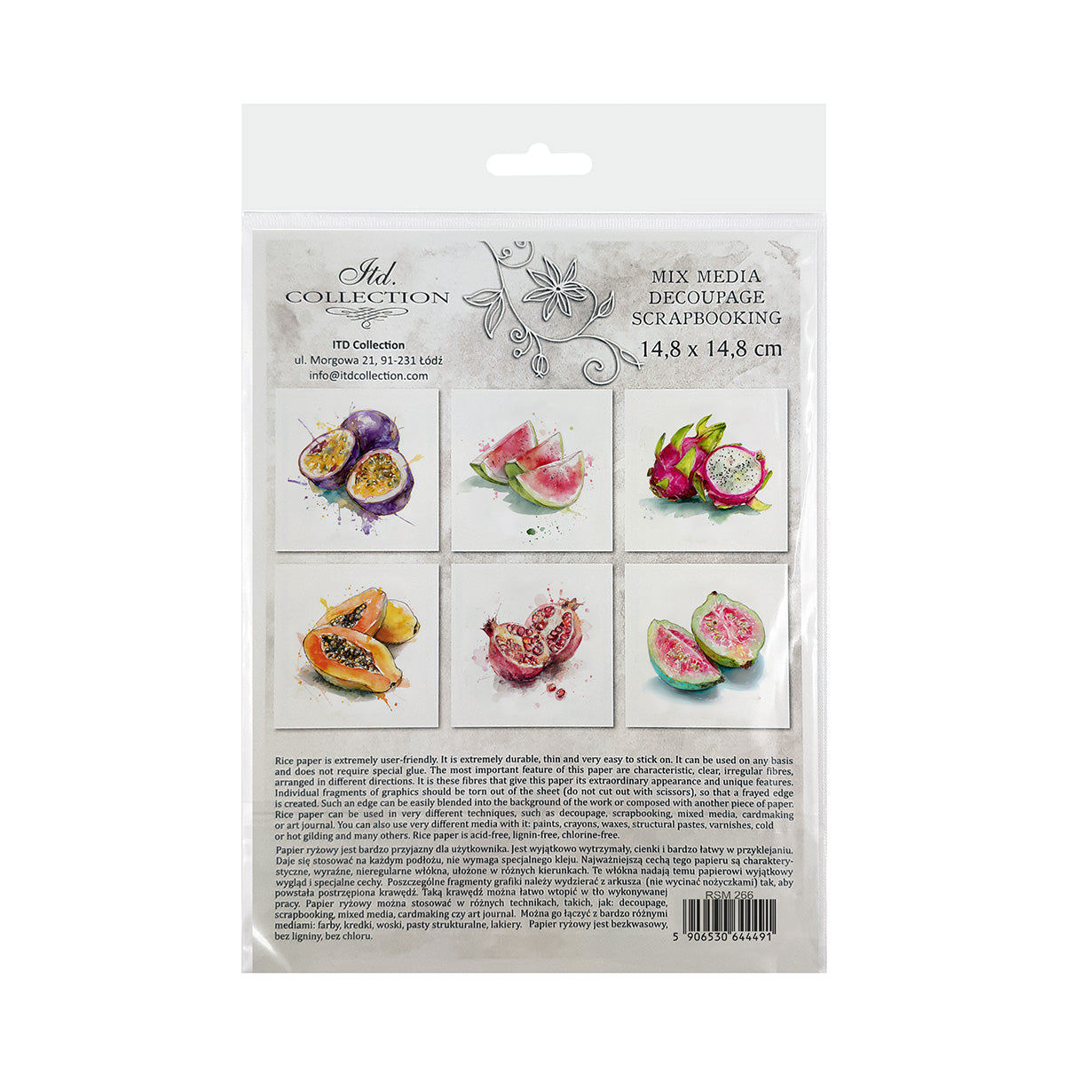 Packaging of a rice paper set with fruit-themed designs on a white background.