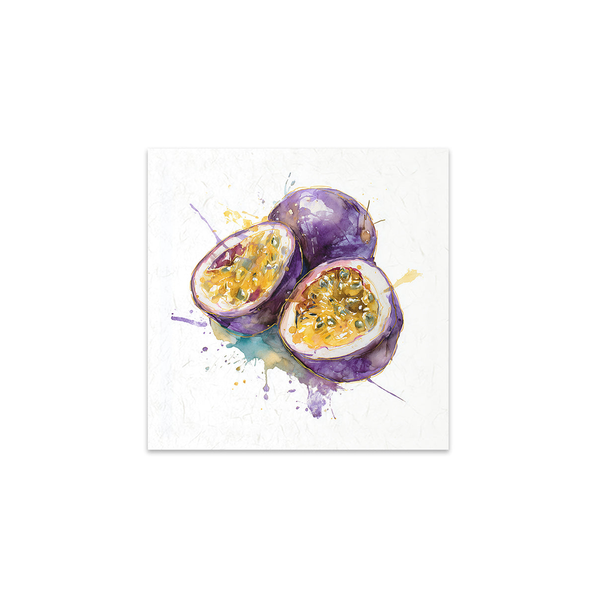 Art print of a watercolor illustration of a halved passion fruit on a white background