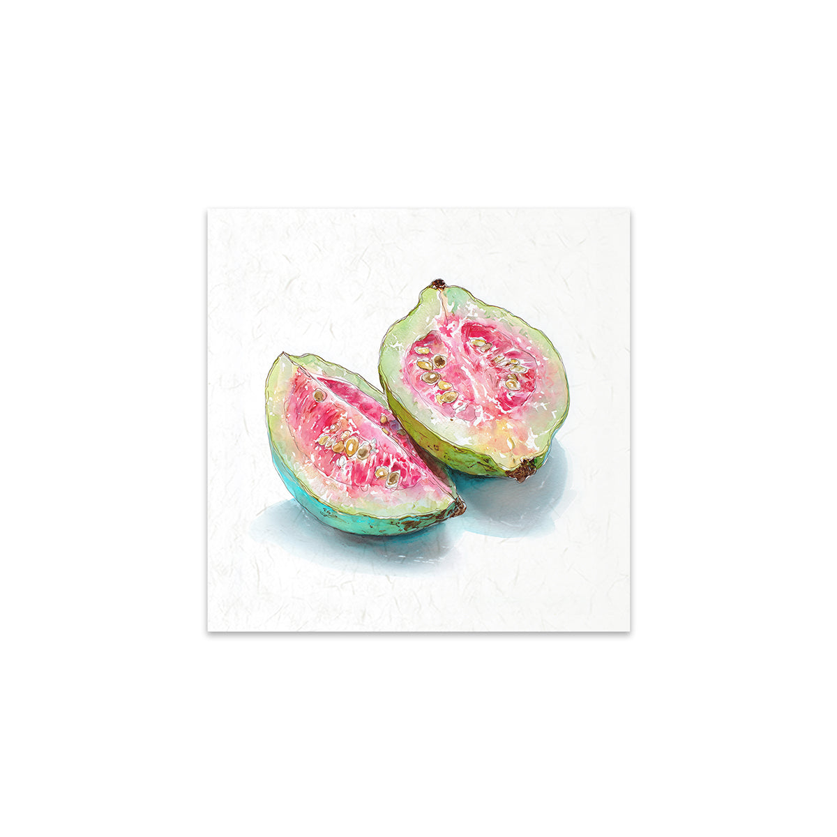 Two halves of a guava on a white background