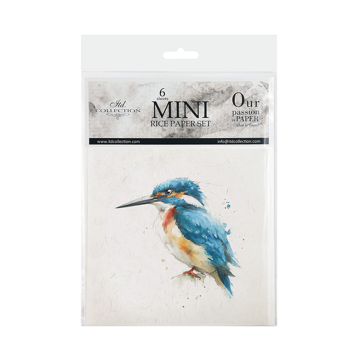 Packaging of 6 mini rice paper sets with a watercolor kingfisher design on a white background.