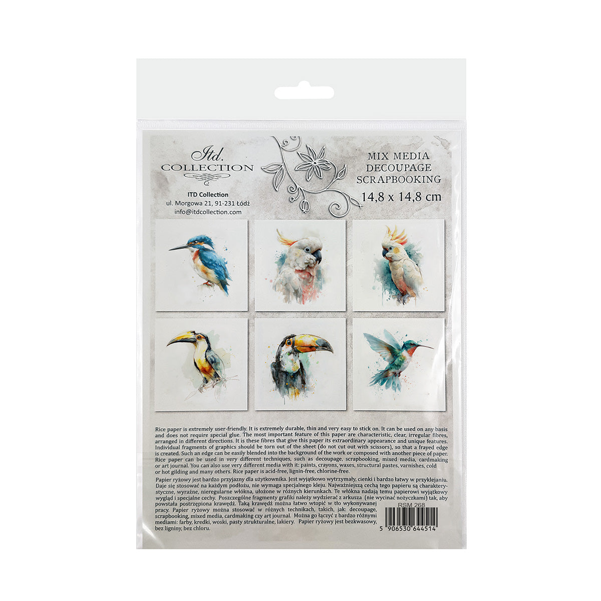 Packaging of decorative rice paper with bird illustrations on a white background