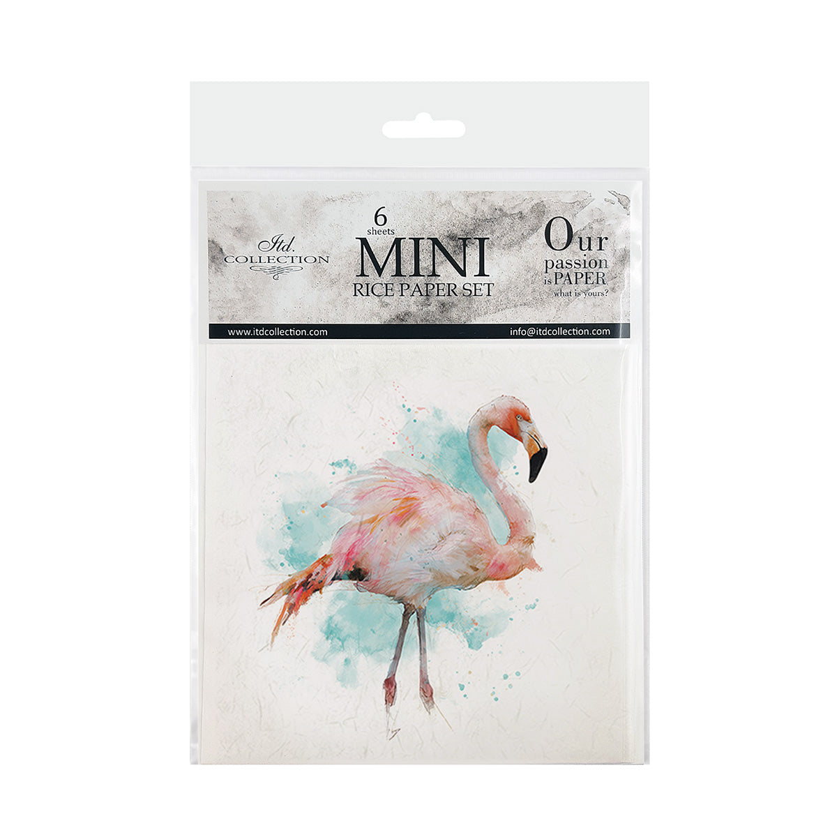 Packaging of mini rice paper set with a flamingo design on a white background