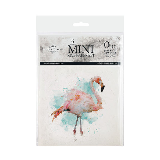 Packaging of mini rice paper set with a flamingo design on a white background