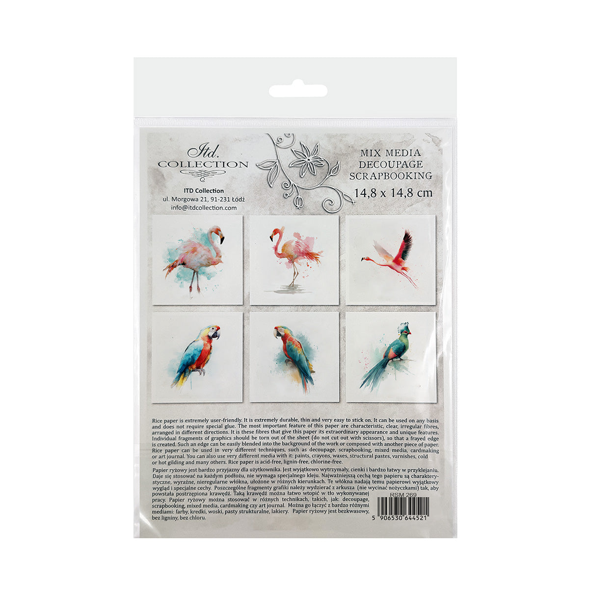 Packaging of decorative paper with bird illustrations on a white background