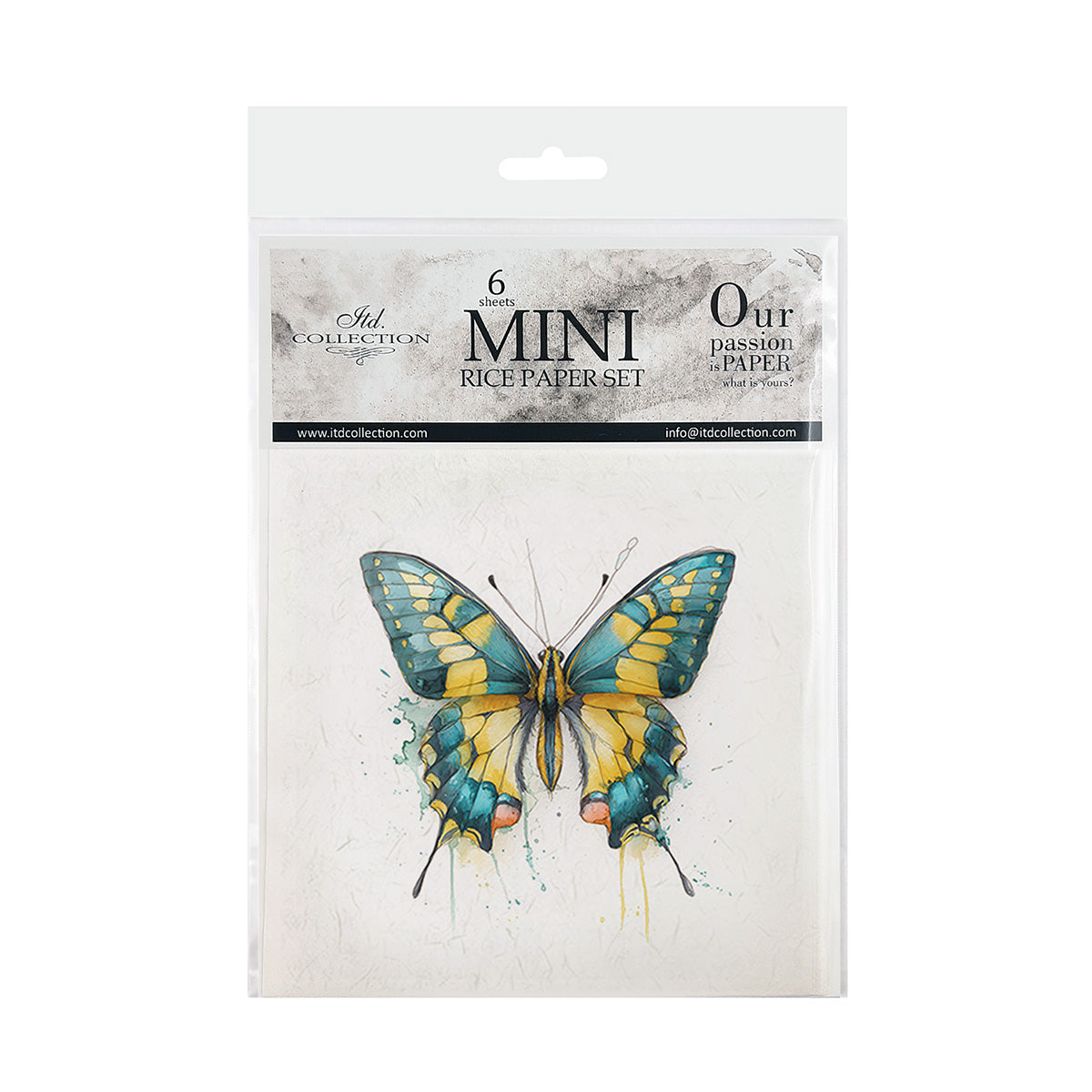 Packaging of a mini rice paper set with a butterfly design on a white background