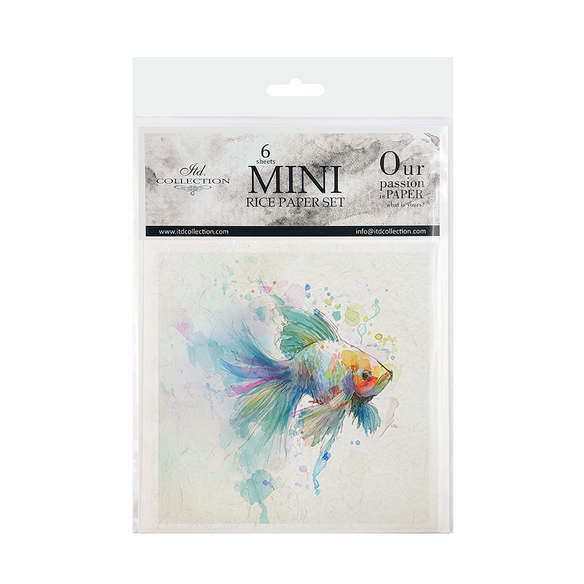 Packaging of mini rice paper set with colorful fish illustration on a white background