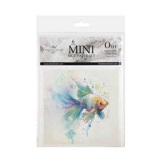 Packaging of mini rice paper set with colorful fish illustration on a white background
