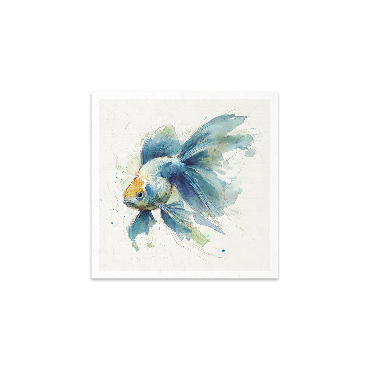 Artistic depiction of a blue and gold fish on a white background
