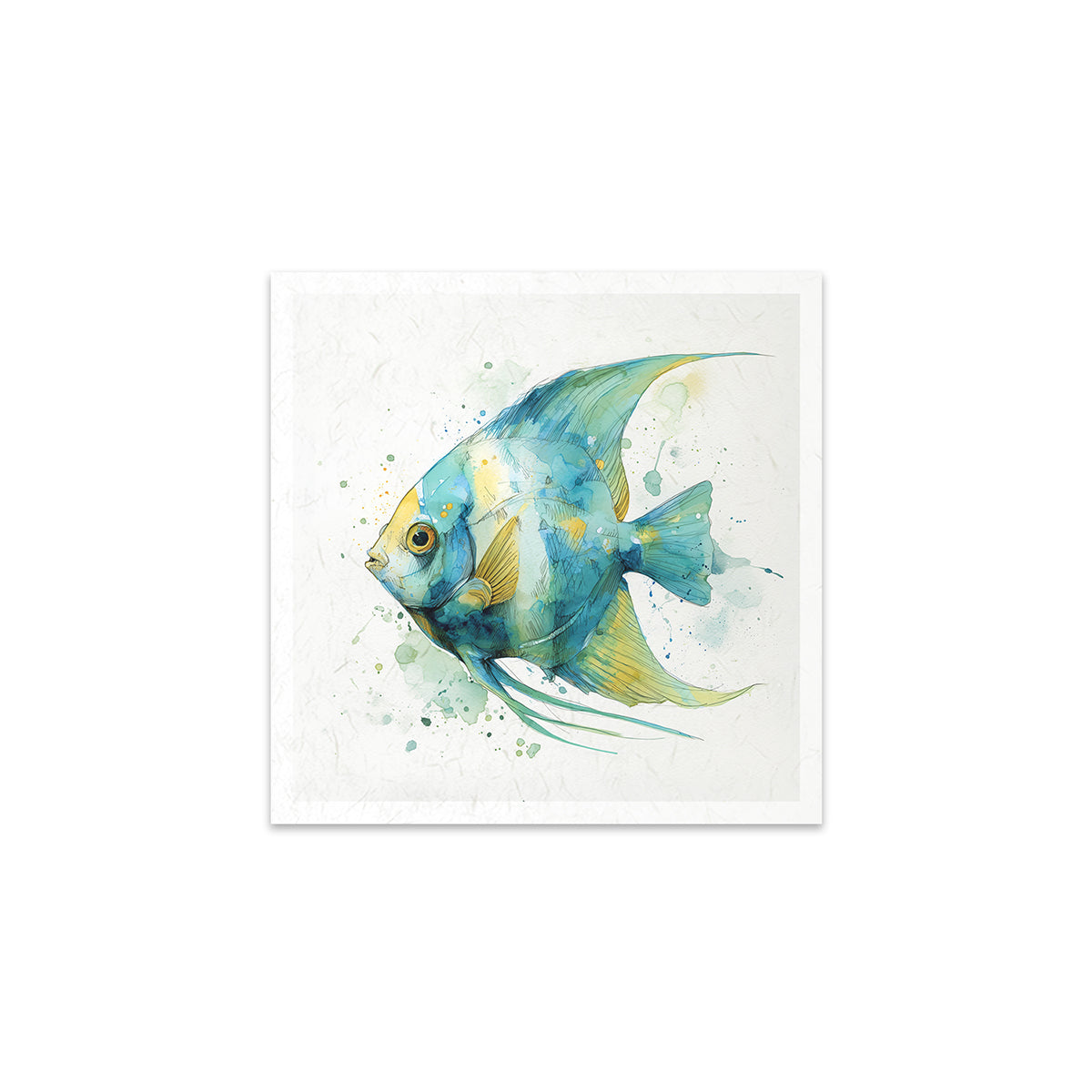A blue and yellow fish on a white background