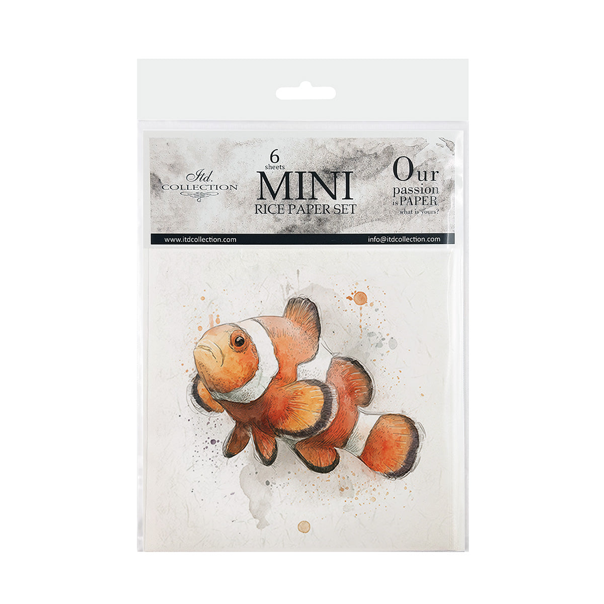 Packaging of a mini rice paper set with a clownfish design on a white background