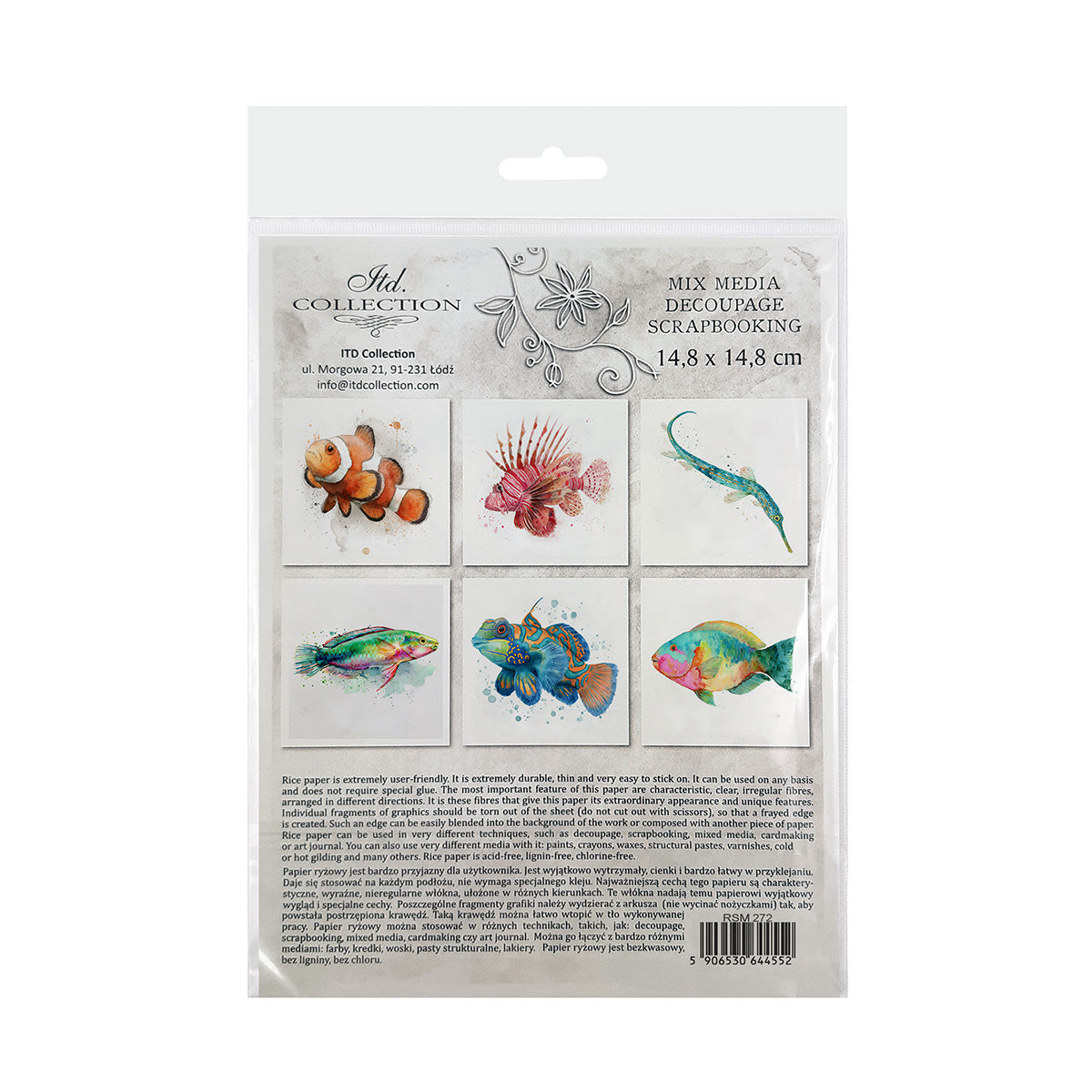 Packaging of decorative paper sheets with fish illustrations on a white background