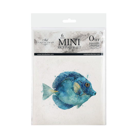 Packaging of mini rice paper sets with a blue fish illustration on a white background