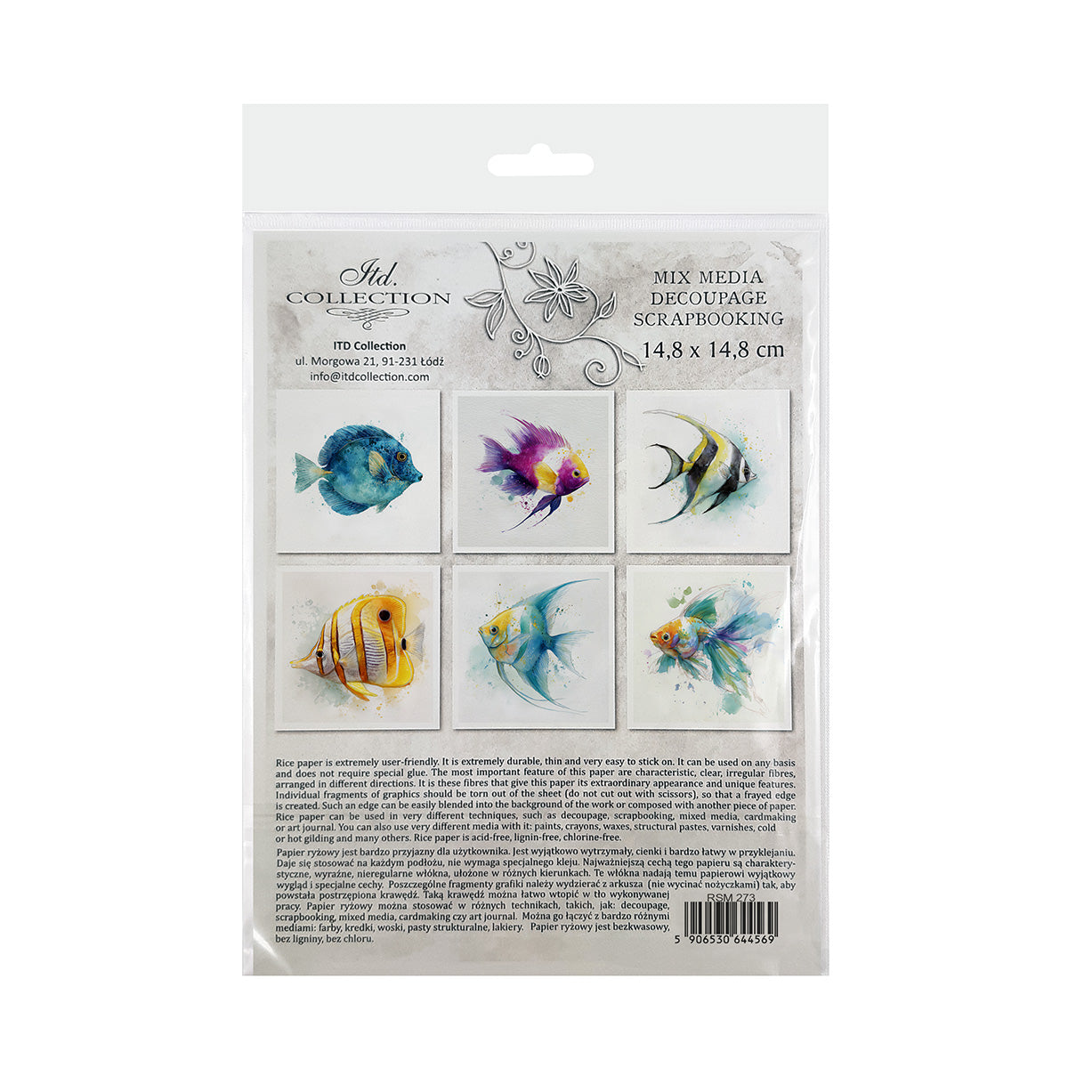 Packaging of decorative paper squares with fish designs on a white background