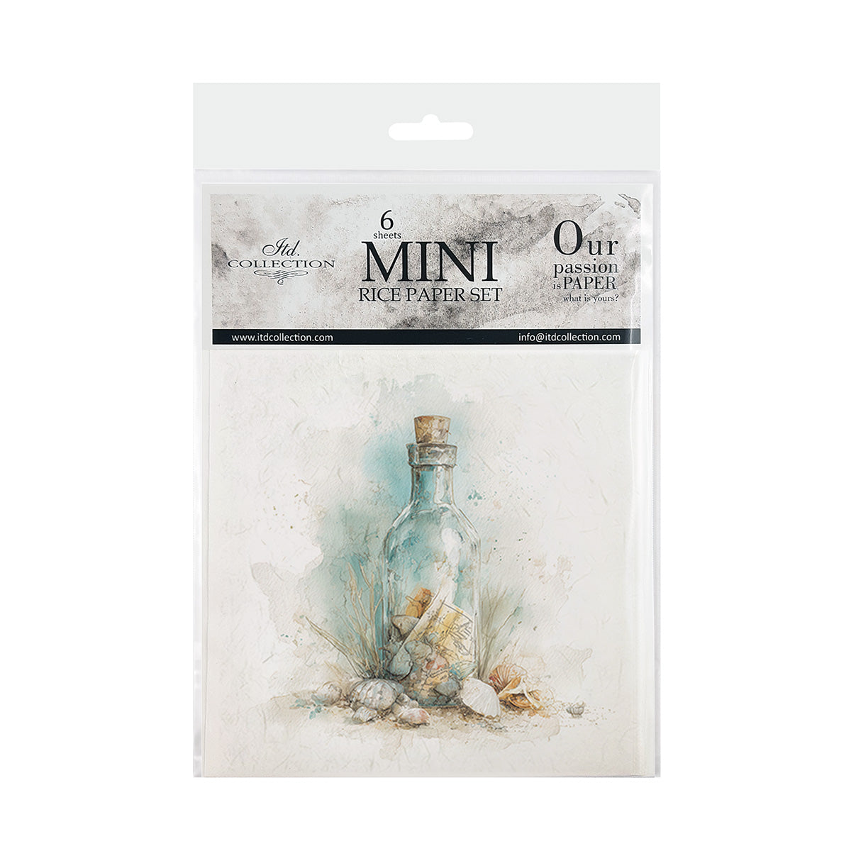 Packaging of 6 mini rice paper sets with a bottle and shell design on a white background.