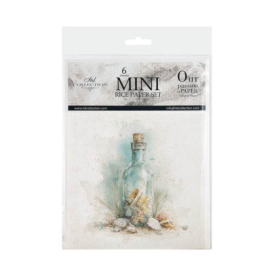 Packaging of 6 mini rice paper sets with a bottle and shell design on a white background.
