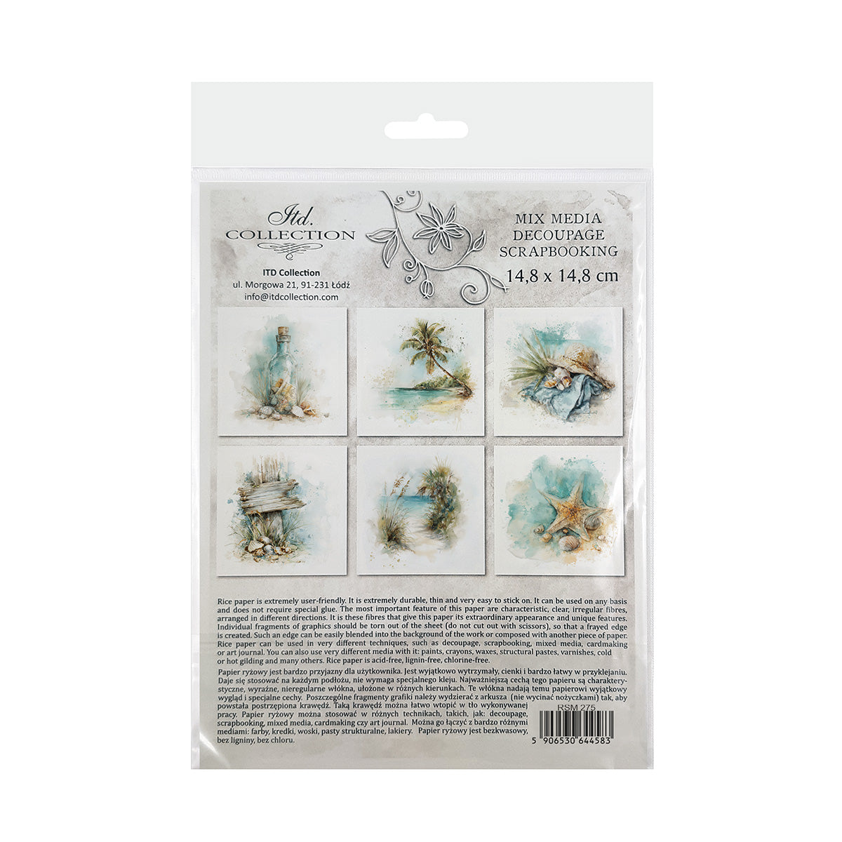 Packaging of decorative rice paper with nature-themed designs on a white background.