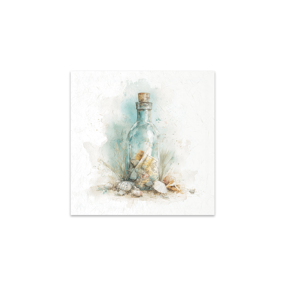 Art print of a bottle with seashells against a white background