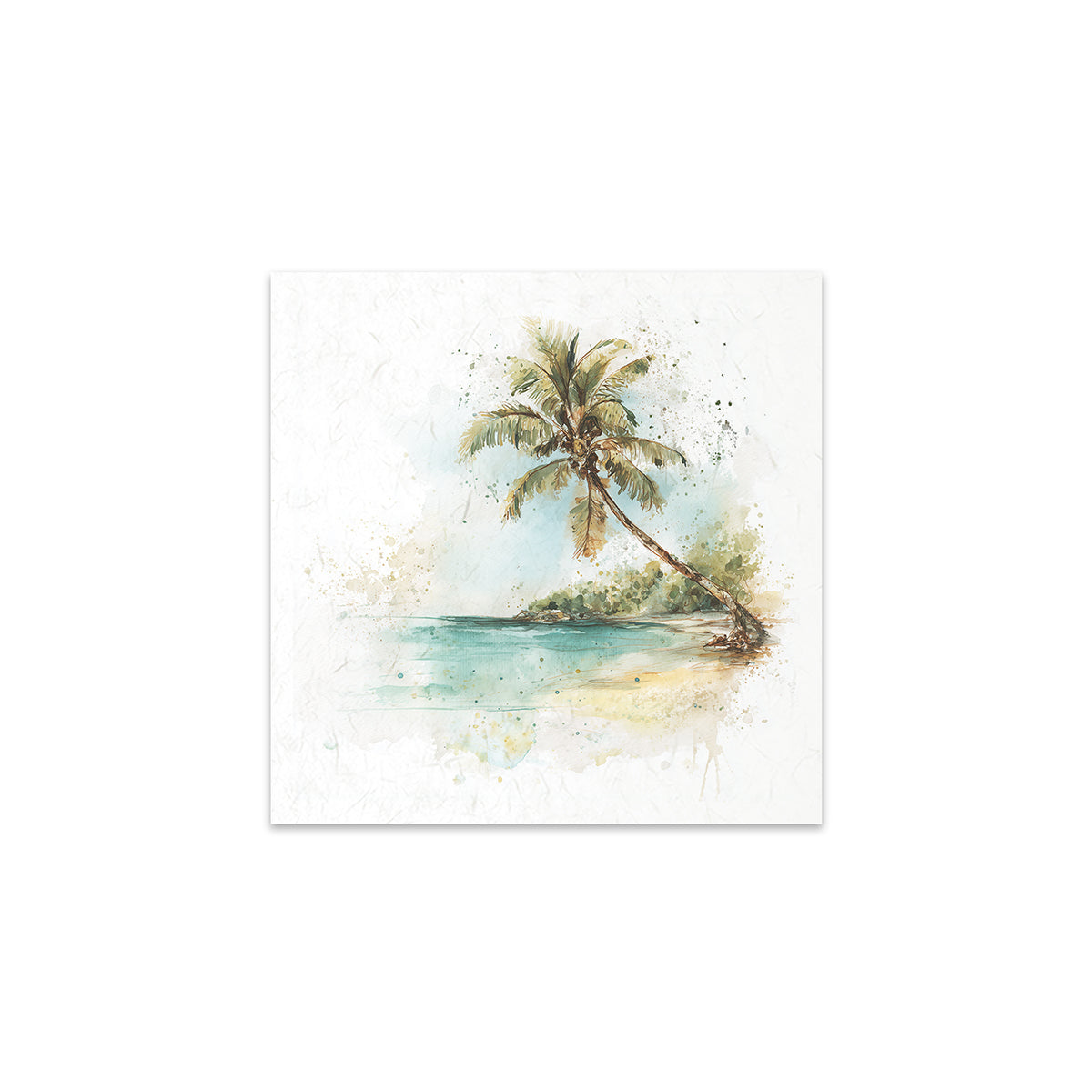 Tropical island scene with palm tree and turquoise water on a white background