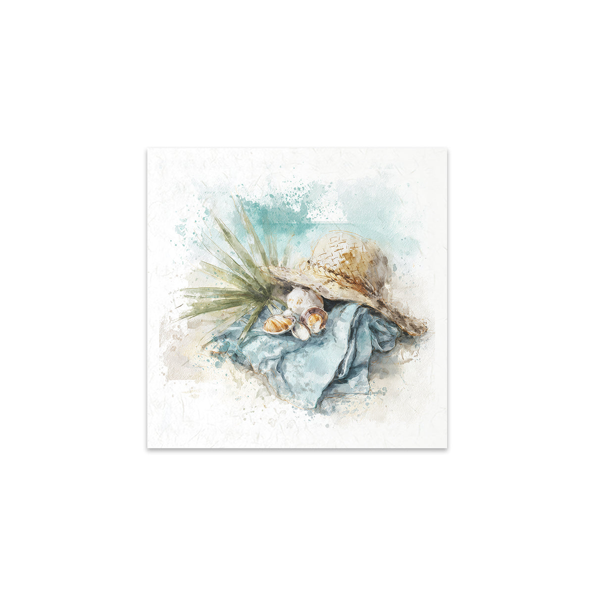 Art print of seashells and a hat on a textured background