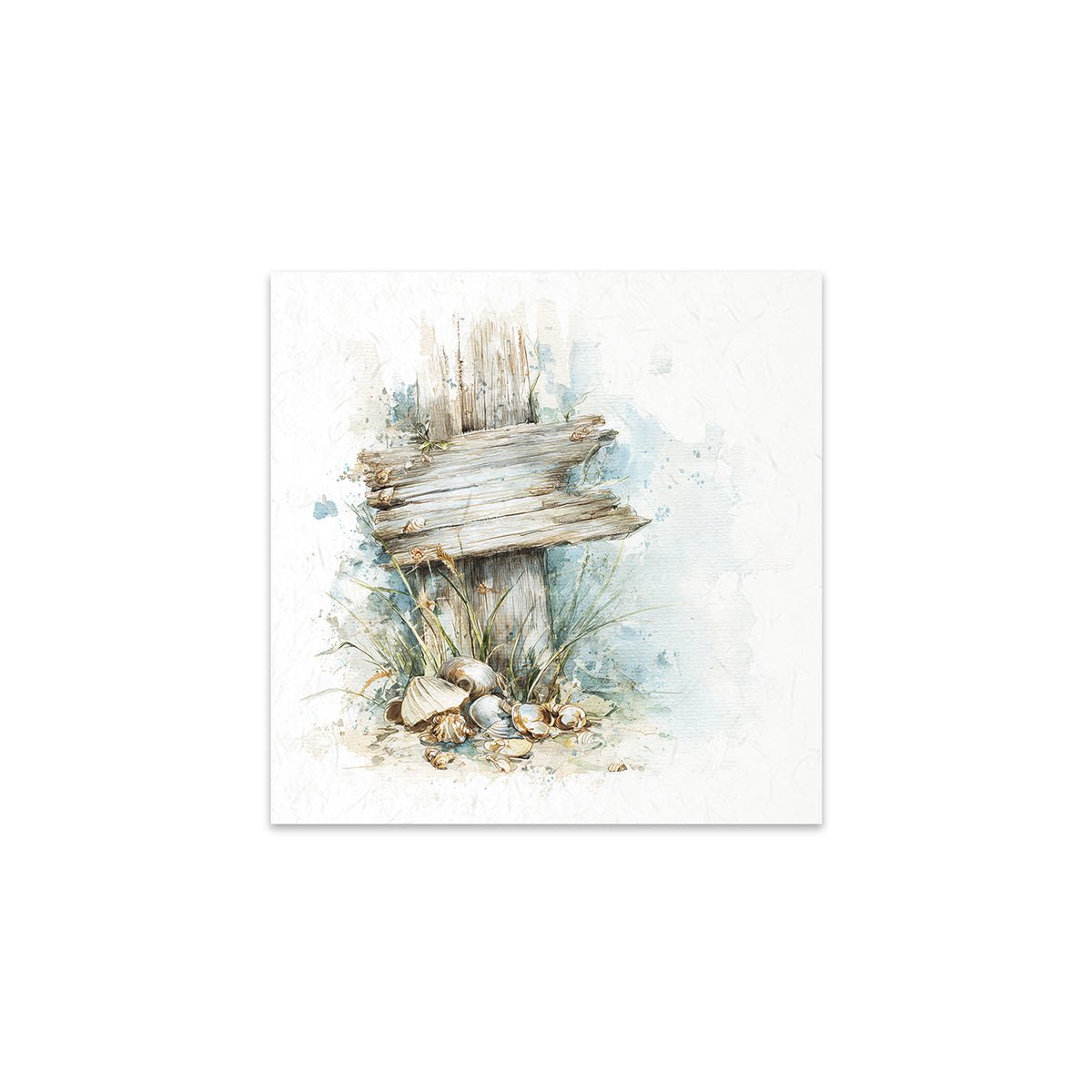 Art print of a coastal scene with driftwood and shells on a white background