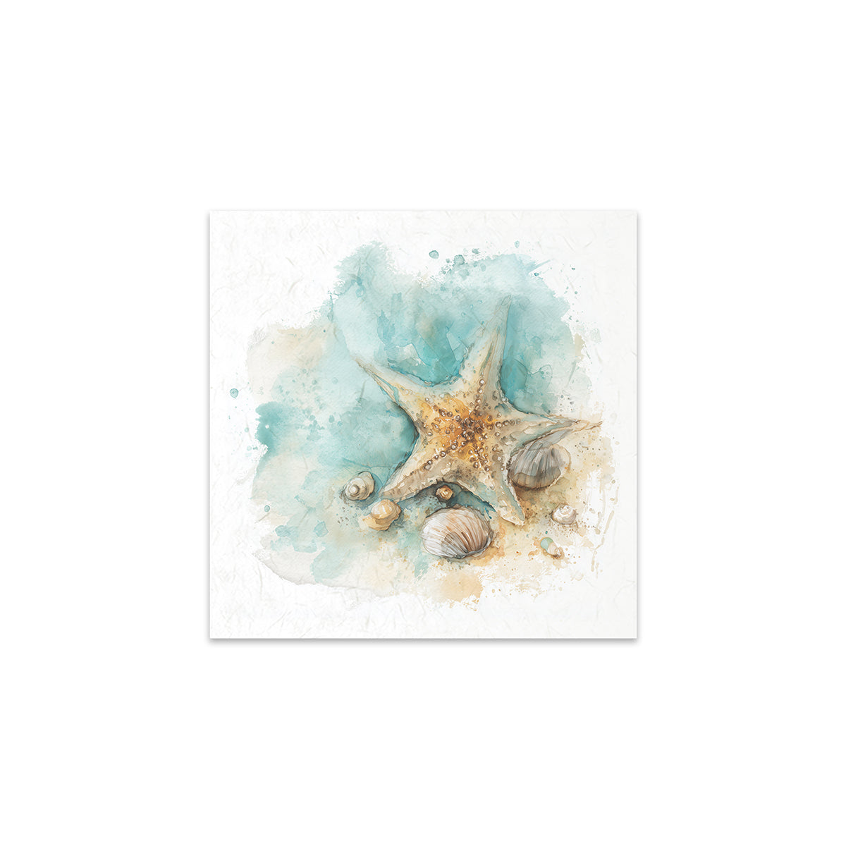 Art print with a starfish and seashells on a watercolour background