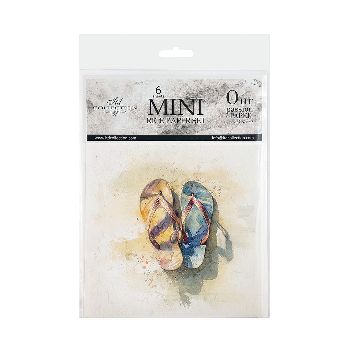 Packaging of mini rice paper sets with flip-flop design on a white background