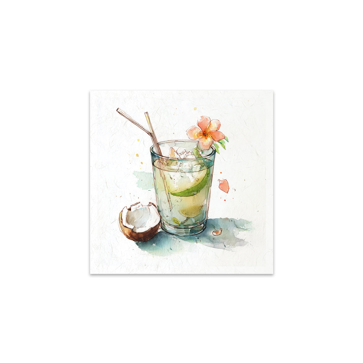 Illustration of a glass of water with lime, coconut, and flowers on a white background