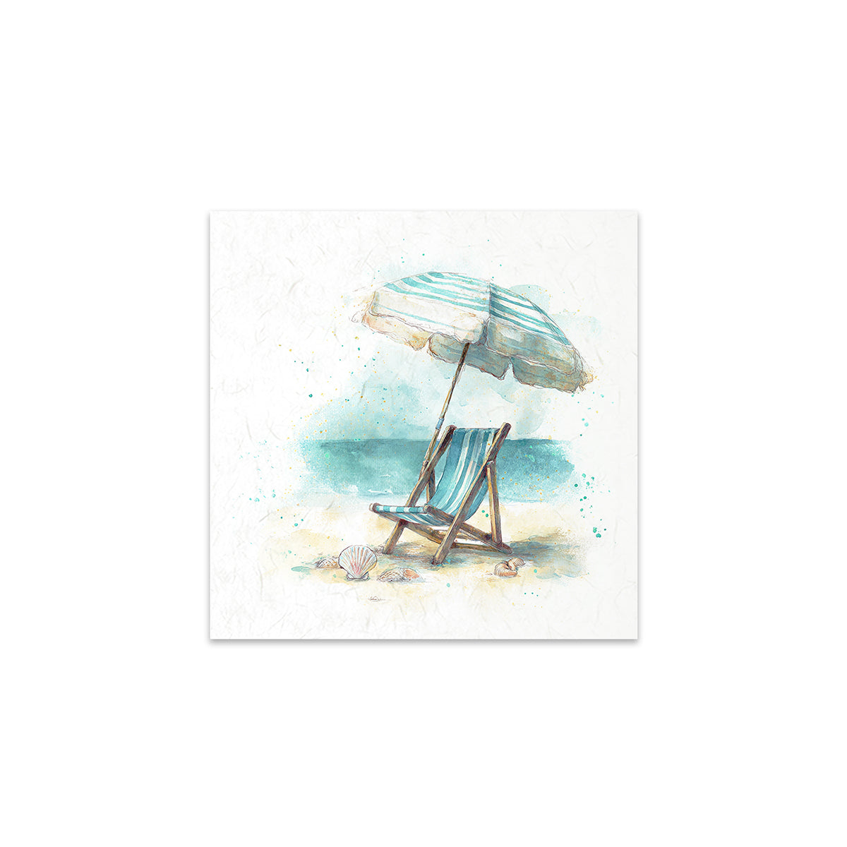 Watercolour painting of a beach scene with an umbrella and chair on a white background
