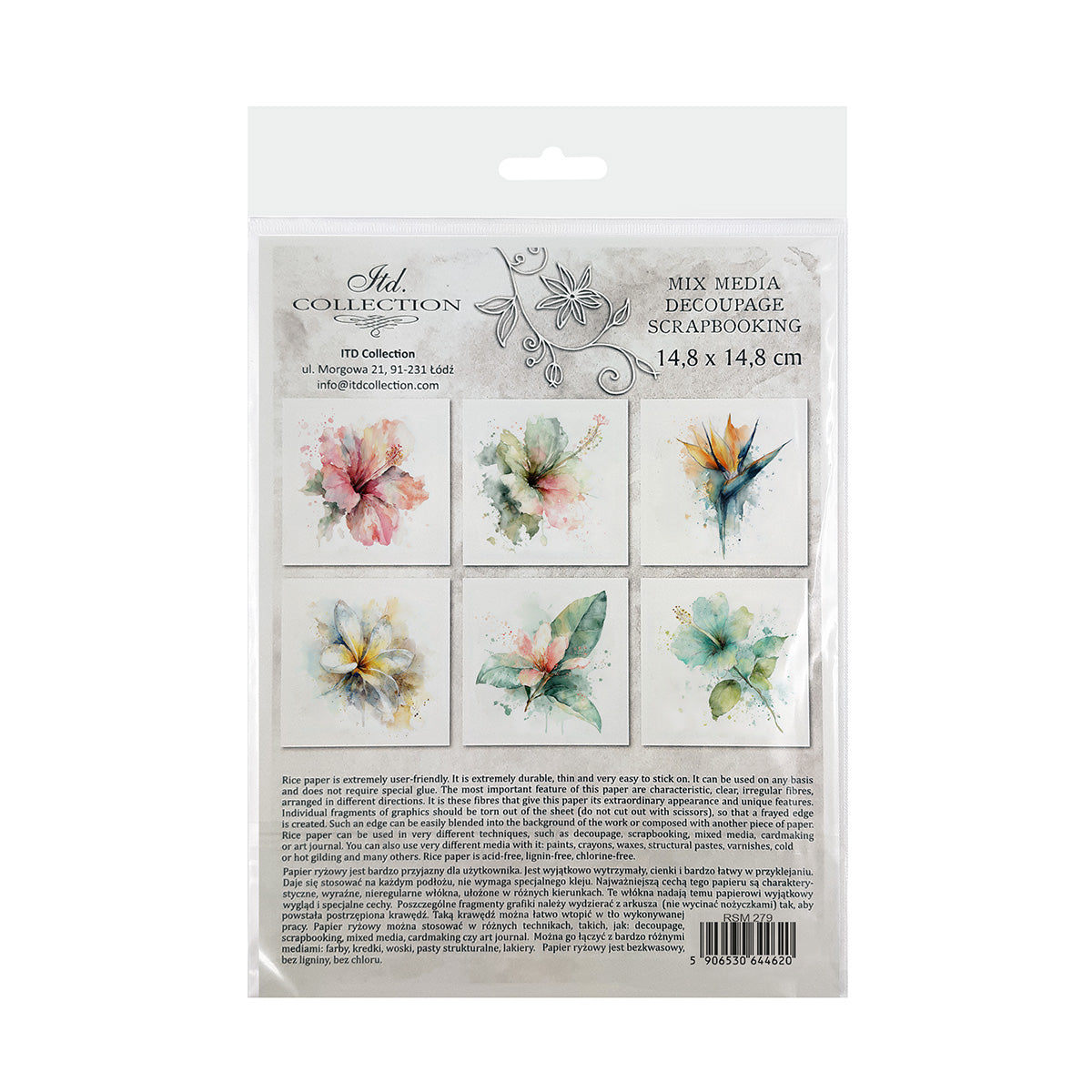 Packaging of floral decoupage sheets on a white background.