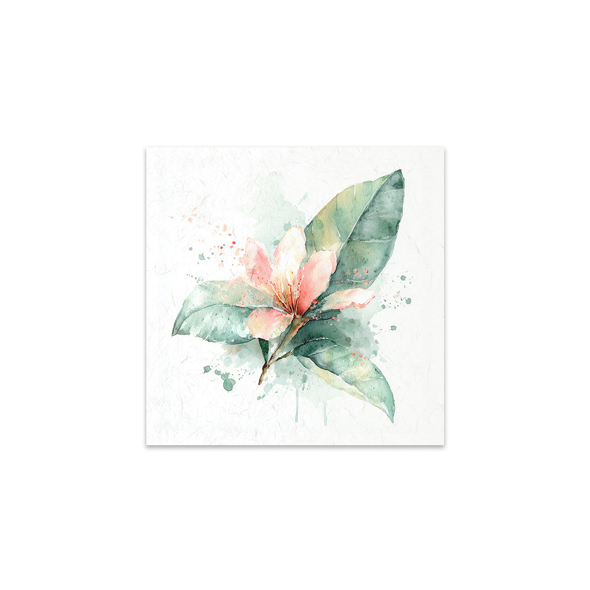 A pink flower with green leaves on a white background