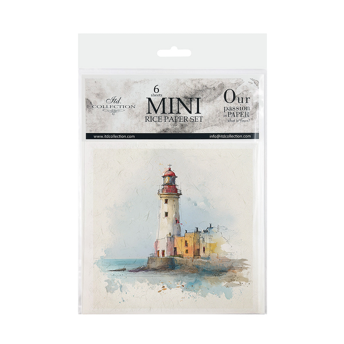 Packaging of mini rice paper set with lighthouse design on a white background