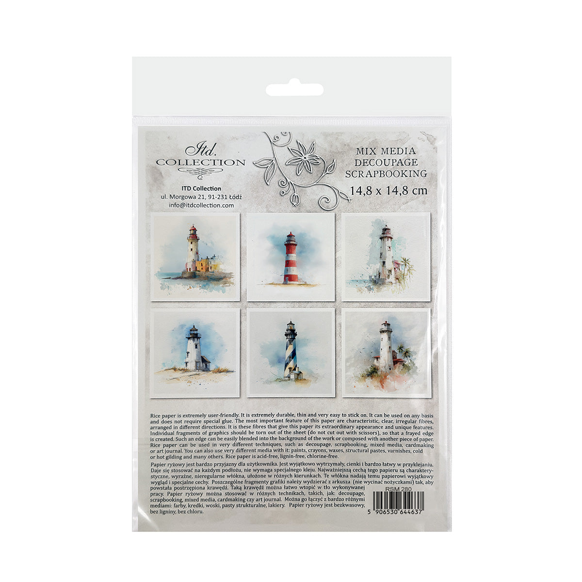 Packaging of decorative rice paper with lighthouse designs on a white background