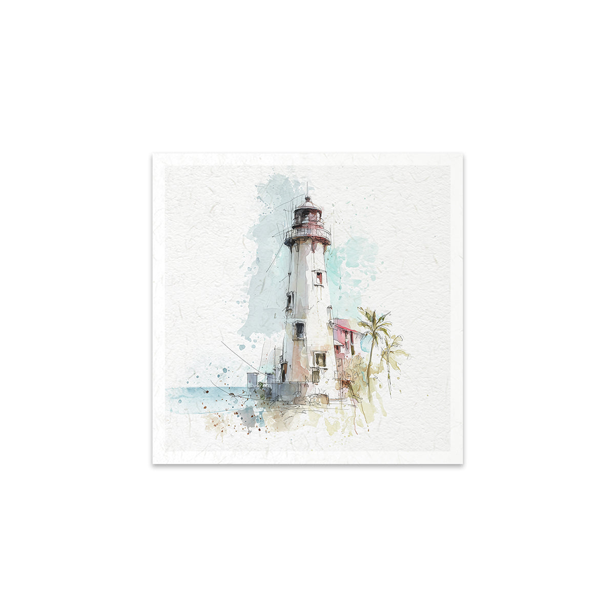 A lighthouse with palm trees on a white background