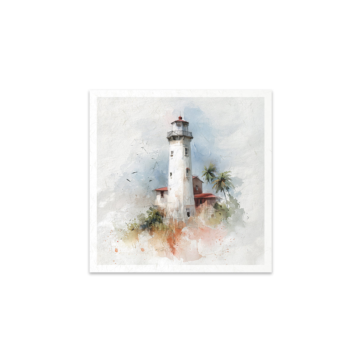 Lighthouse with palm trees in a watercolour style on a white background
