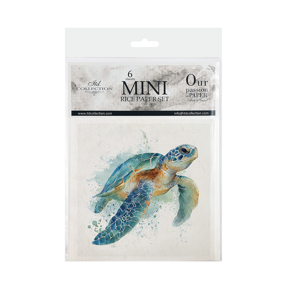 Packaging of mini rice paper set with a turtle illustration on a white background