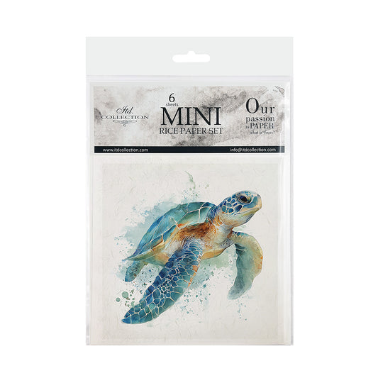 Packaging of mini rice paper set with a turtle illustration on a white background