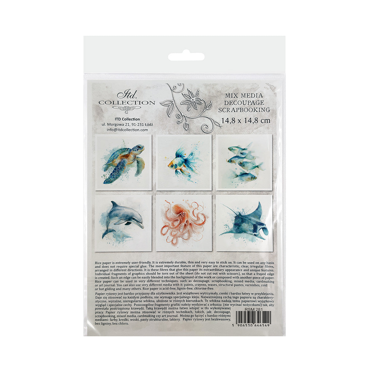 Packaging of decorative rice paper with ocean-themed designs on a white background