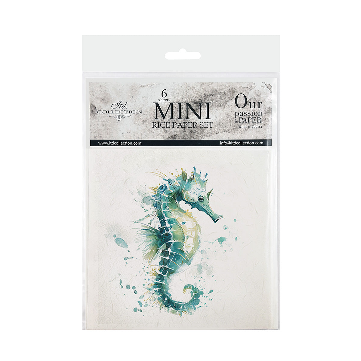 Packaging of mini rice paper set with a seahorse design on a white background