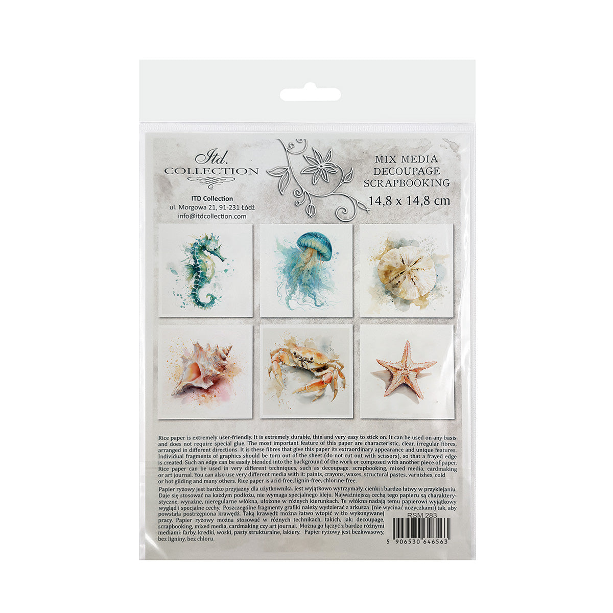 Packaging of decorative paper sheets with sea-themed designs on a white background