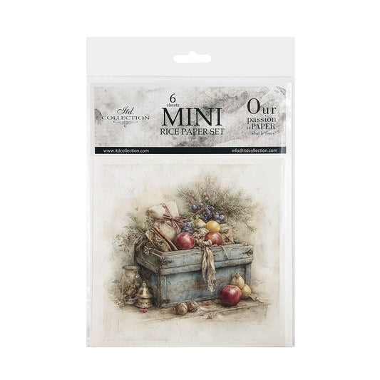 A packaged paper craft set labeled 'Mini Rice Paper Set' with a printed still life illustration of fruit in a blue crate. 