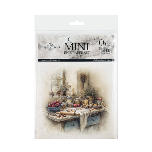A packaged set of six mini rice paper sheets from itd a Collection, featuring a vintage-style watercolor illustration of a rustic table with food, candles, and household items.