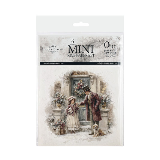 A packaged set of six mini rice paper sheets from itd Collection, featuring a vintage illustration of a man and a young girl standing at a snowy door with a dog.
