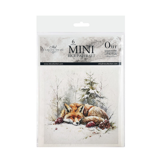 A packaged set of six mini rice papers from itd Collection, featuring a winter fox illustration on the front. The packaging is clear plastic with a printed header card showing the brand 'itd Collection' and the text '6 MINI RICE PAPER SET'.